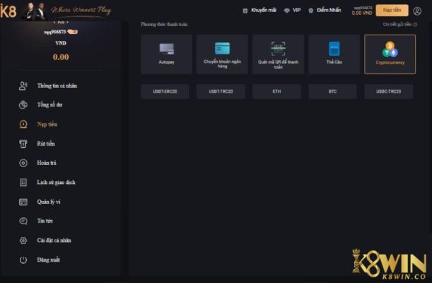 Nạp tiền vào K8 với Cryptocurrency