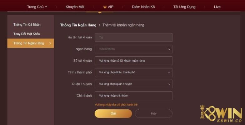Những thông tin cần cung cấp trong giao dịch Rút tiền K8 ở cả 2 hình thức